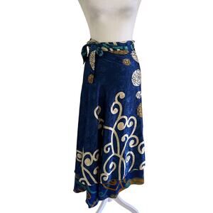 Mr. Buho Wrap Midi Skirt Rayon OS Blue Multi Graphic Boho Hippie Adjustable